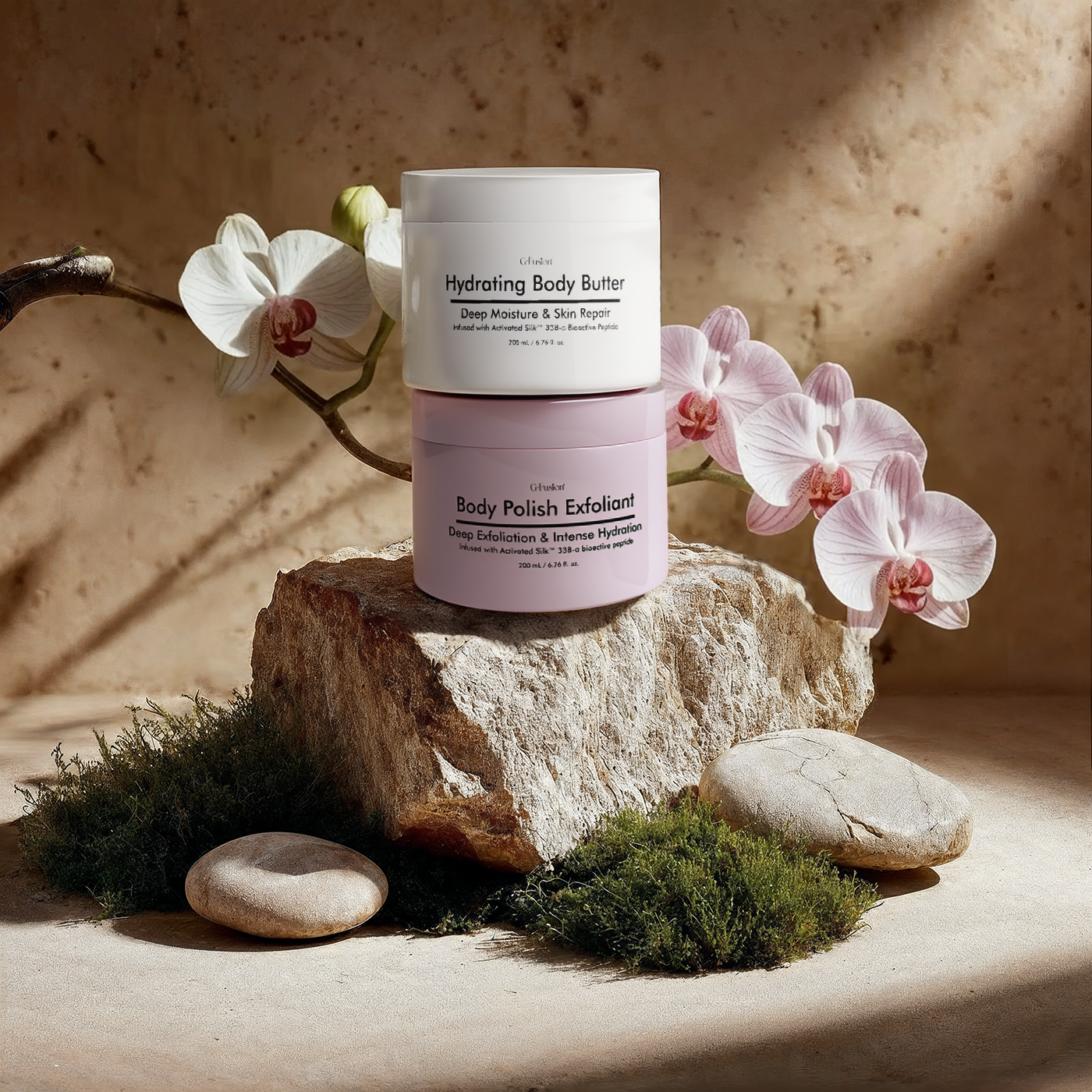 Two skincare products on a rock with orchids and natural elements