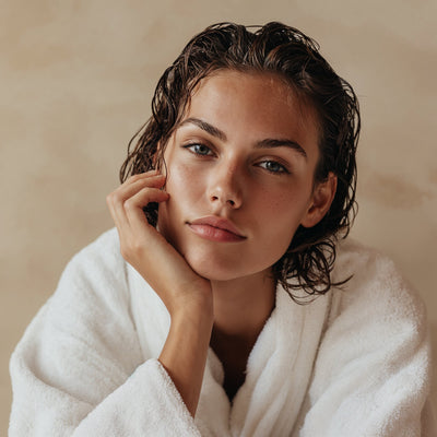 Woman in a white robe with wet hair against a beige background